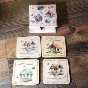 Vintage Marjolein Bastin Charming Birdhouse Cork Coaster Set